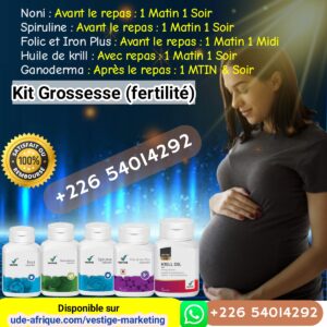 Grossesse fertilité feminine Vestige Marketing ude-afrique Noni Spiruline Folic et Iron Plus Huile de krill Ganoderma
